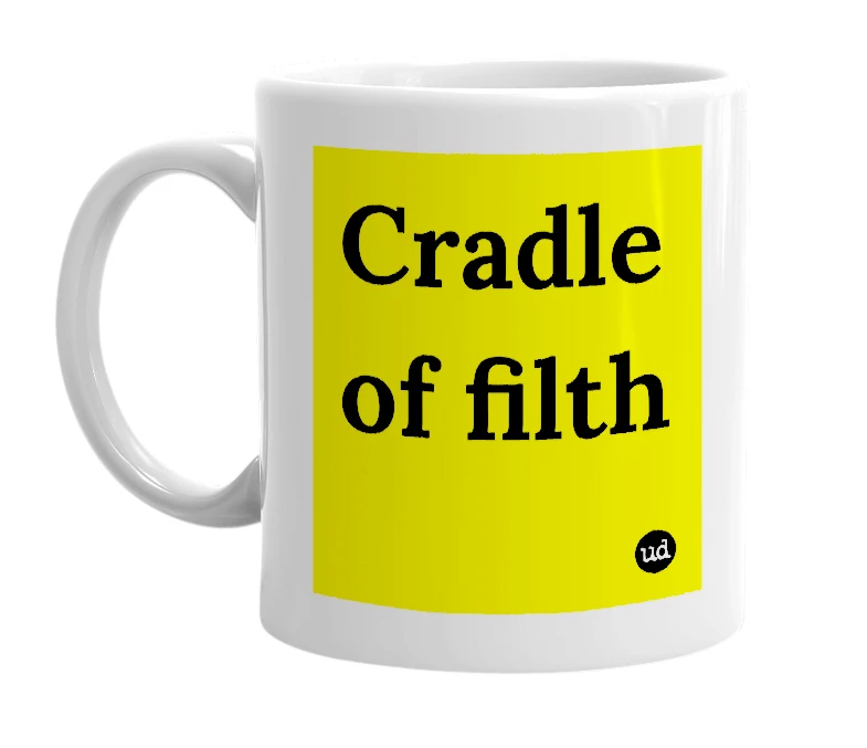 White mug with 'Cradle of filth' in bold black letters