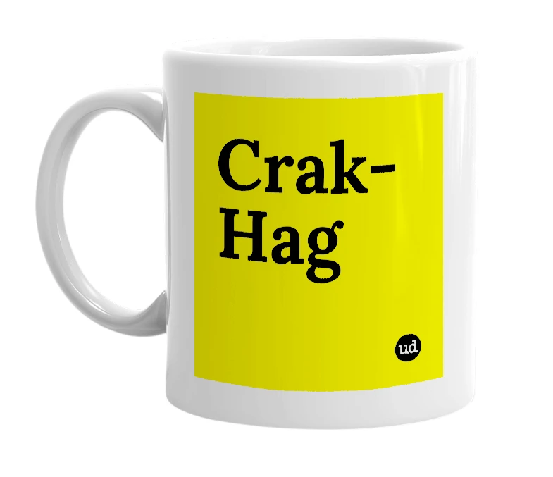 White mug with 'Crak-Hag' in bold black letters