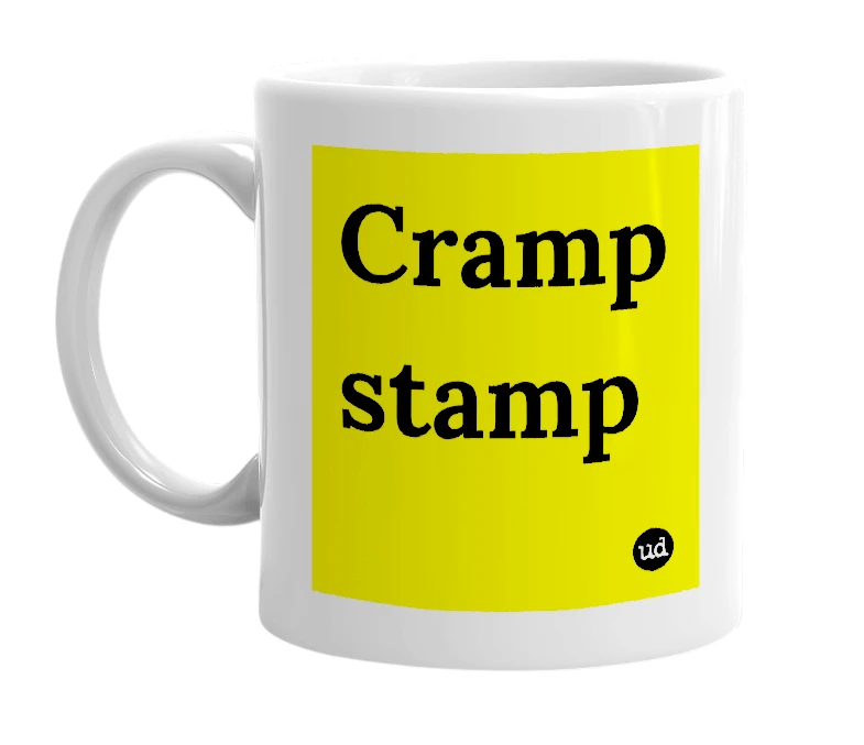 White mug with 'Cramp stamp' in bold black letters