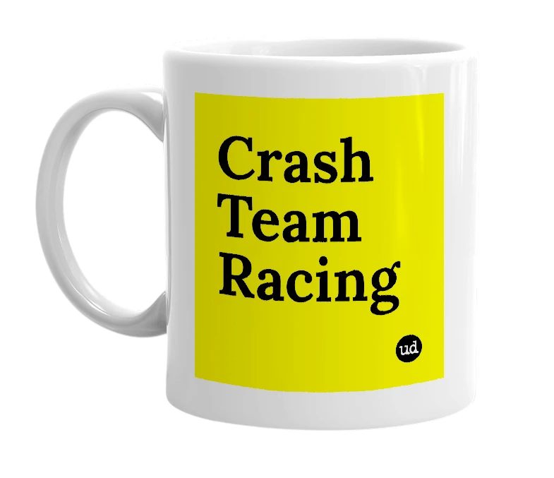 White mug with 'Crash Team Racing' in bold black letters