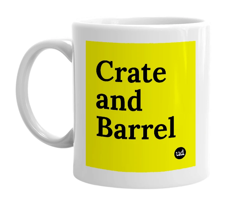 White mug with 'Crate and Barrel' in bold black letters