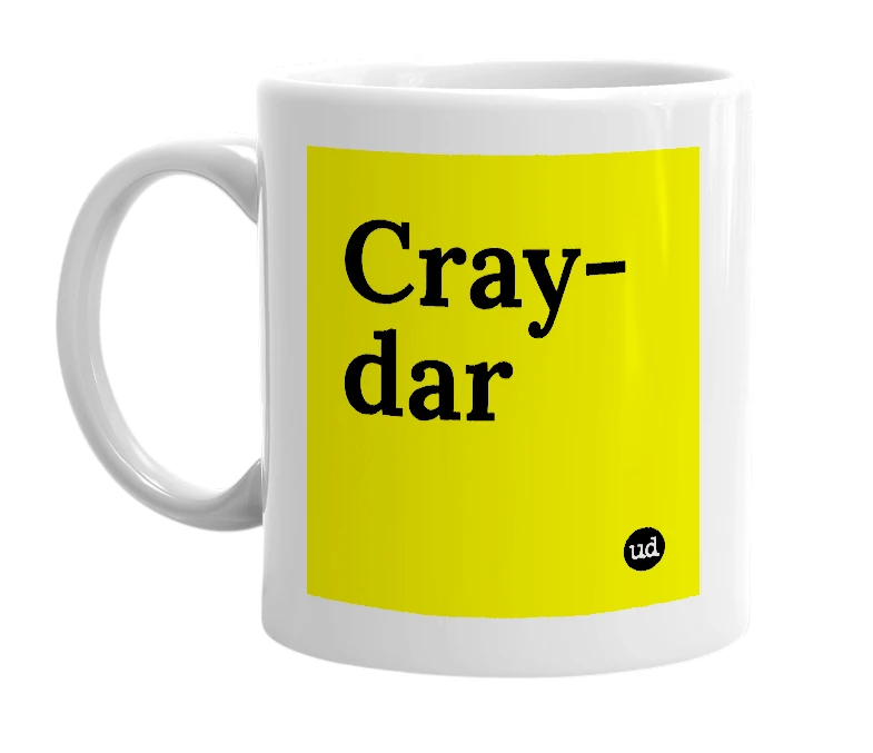 White mug with 'Cray-dar' in bold black letters