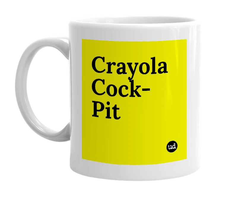 White mug with 'Crayola Cock-Pit' in bold black letters