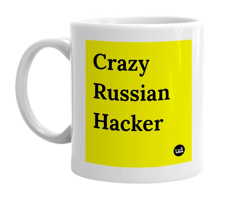 White mug with 'Crazy Russian Hacker' in bold black letters