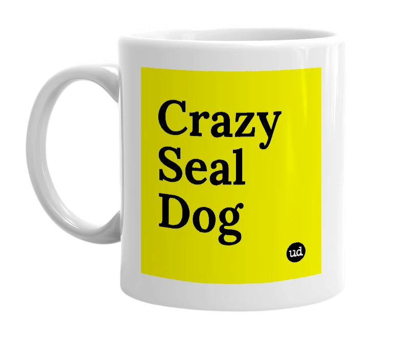 White mug with 'Crazy Seal Dog' in bold black letters