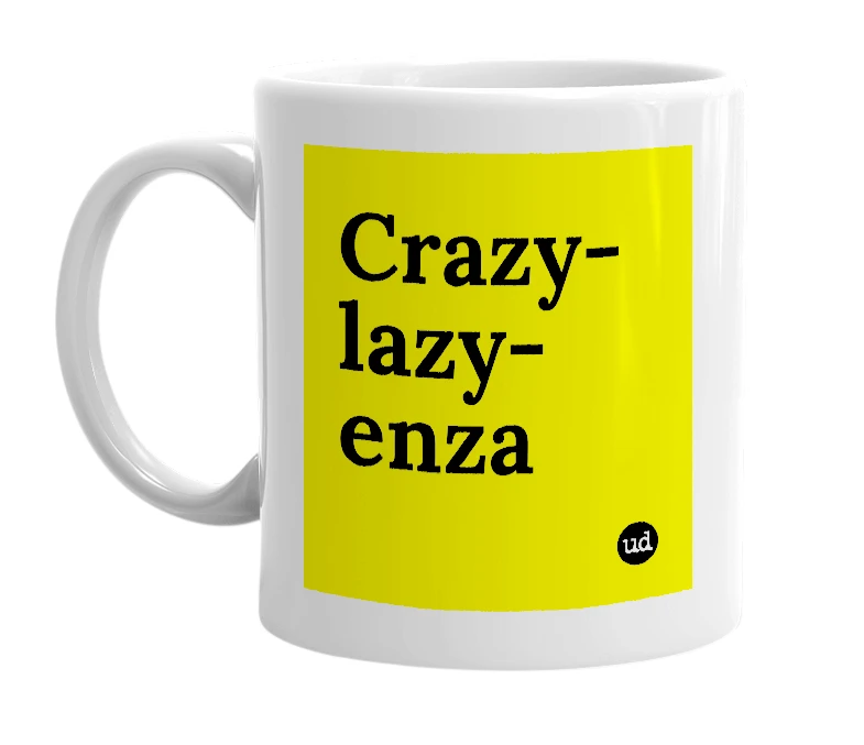 White mug with 'Crazy-lazy-enza' in bold black letters