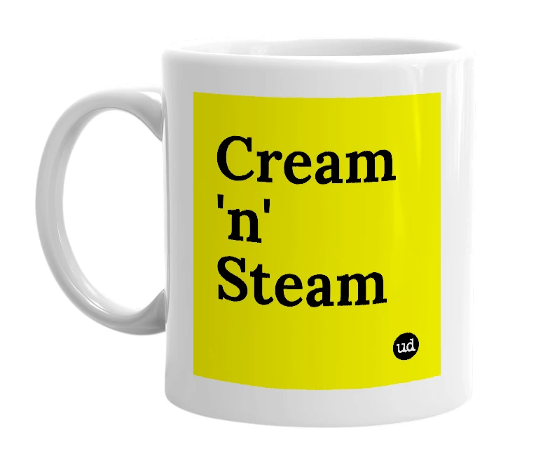 White mug with 'Cream 'n' Steam' in bold black letters