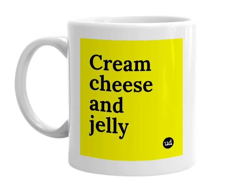 White mug with 'Cream cheese and jelly' in bold black letters