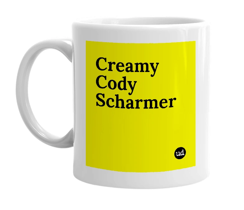 White mug with 'Creamy Cody Scharmer' in bold black letters