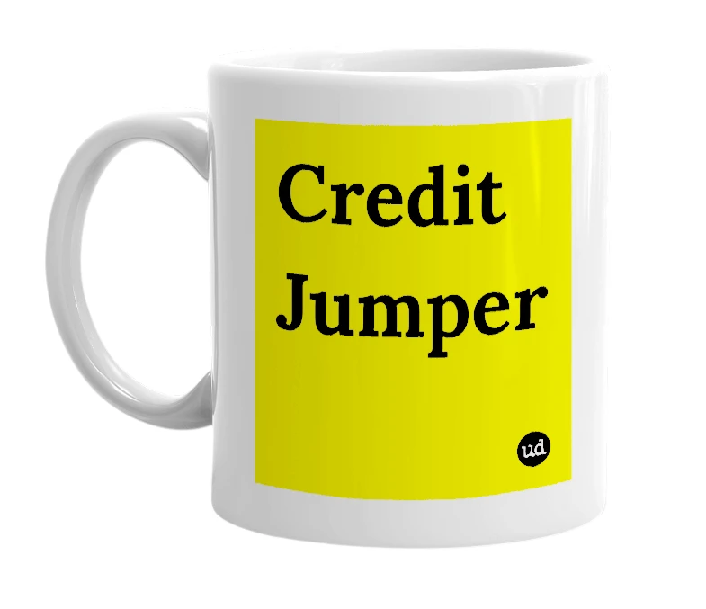 White mug with 'Credit Jumper' in bold black letters
