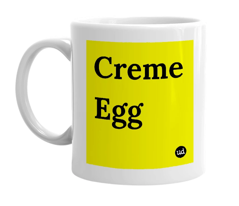 White mug with 'Creme Egg' in bold black letters