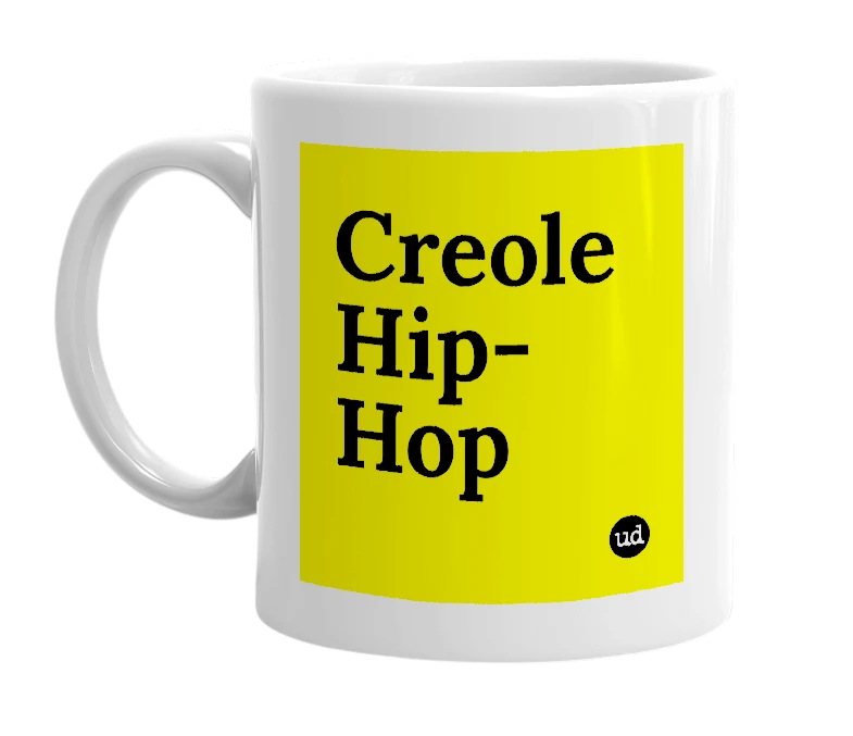 White mug with 'Creole Hip-Hop' in bold black letters