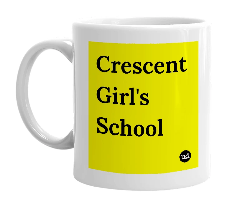 White mug with 'Crescent Girl's School' in bold black letters