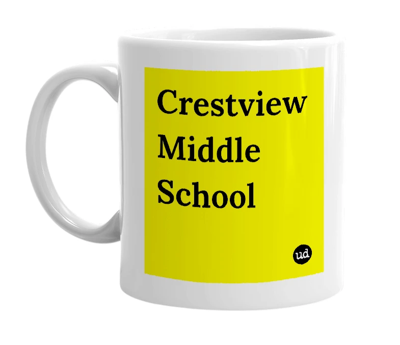 White mug with 'Crestview Middle School' in bold black letters