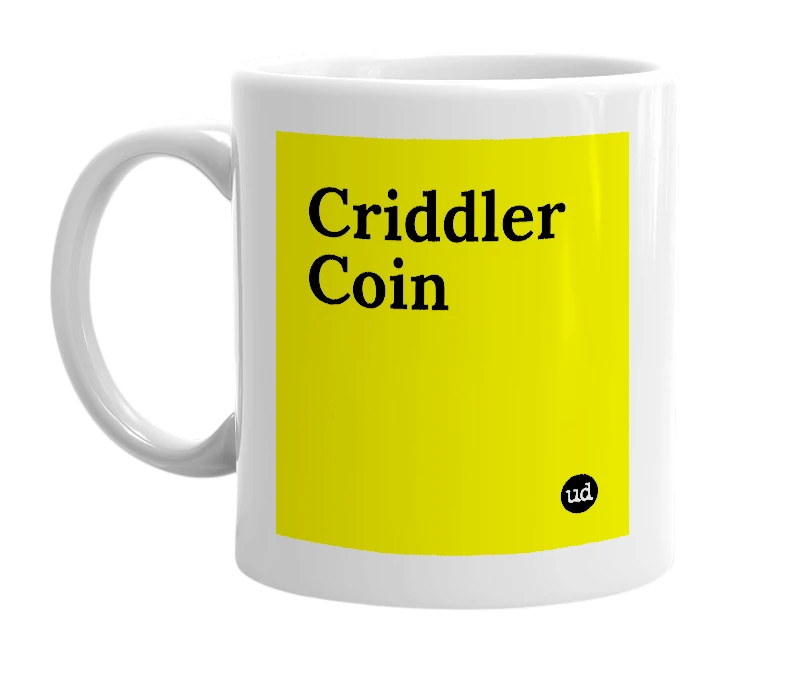 White mug with 'Criddler Coin' in bold black letters