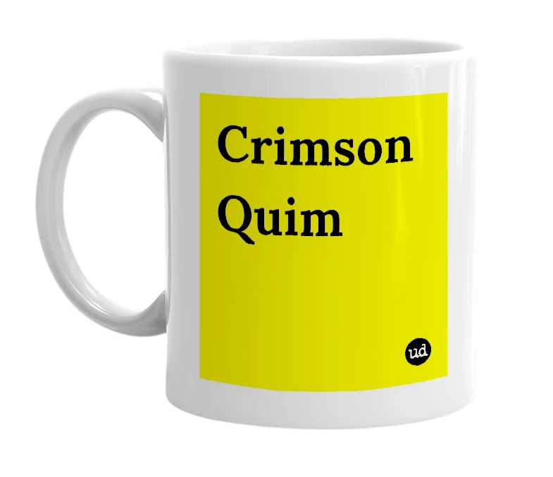 White mug with 'Crimson Quim' in bold black letters