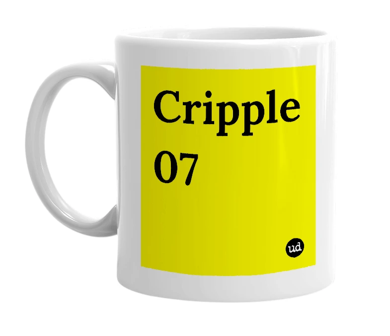 White mug with 'Cripple 07' in bold black letters