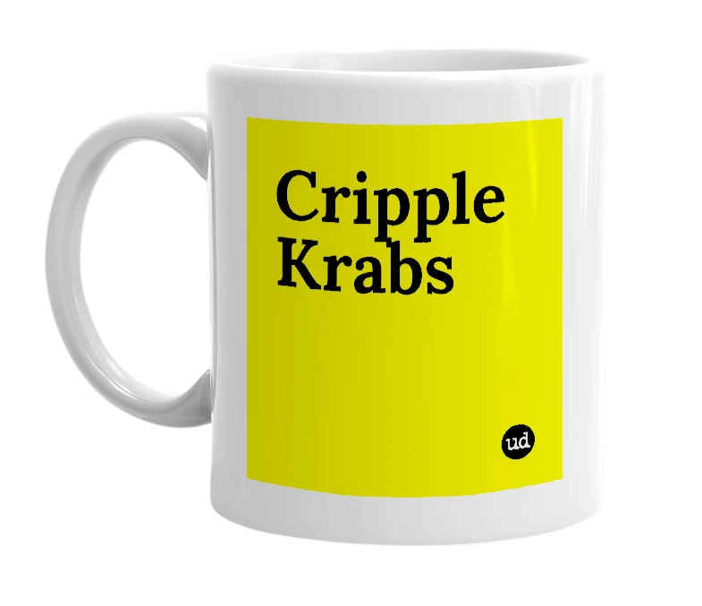 White mug with 'Cripple Krabs' in bold black letters
