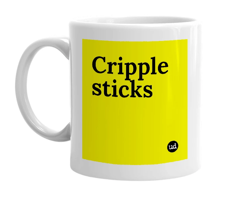White mug with 'Cripple sticks' in bold black letters