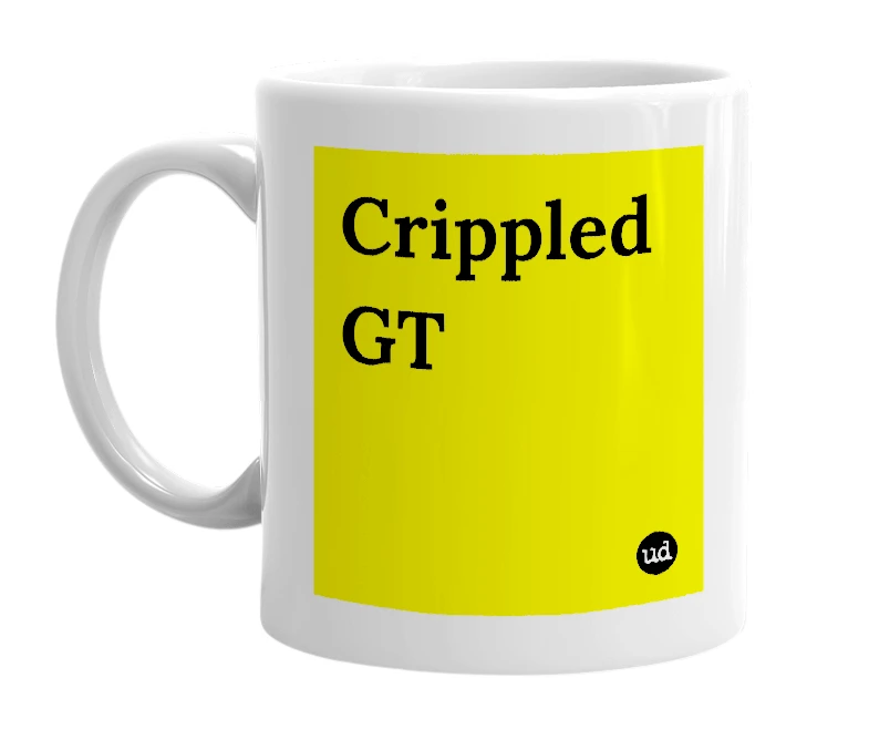 White mug with 'Crippled GT' in bold black letters