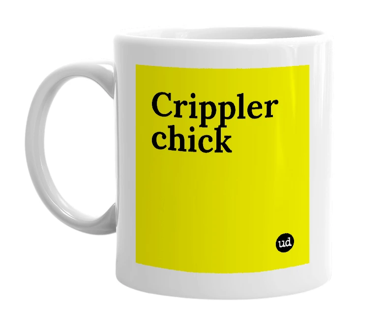 White mug with 'Crippler chick' in bold black letters