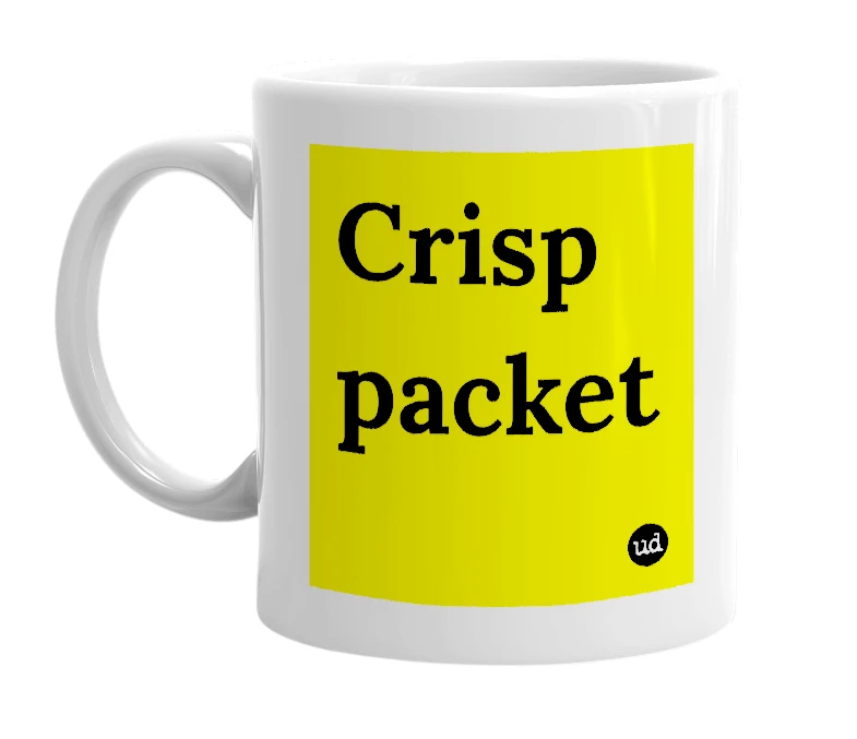 White mug with 'Crisp packet' in bold black letters