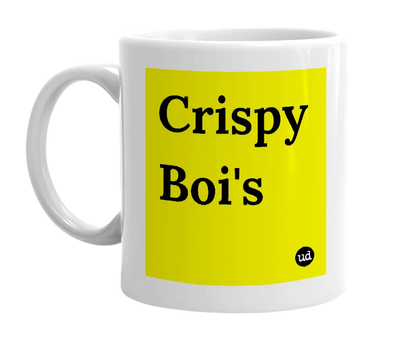 White mug with 'Crispy Boi's' in bold black letters