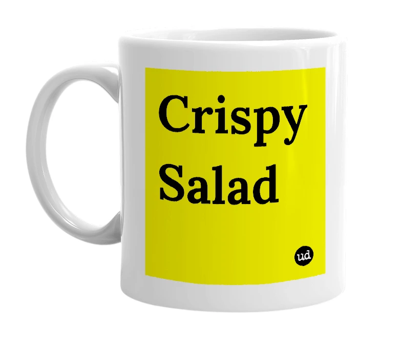 White mug with 'Crispy Salad' in bold black letters