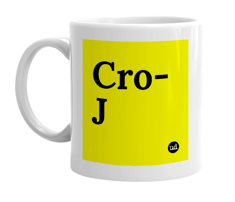 White mug with 'Cro-J' in bold black letters