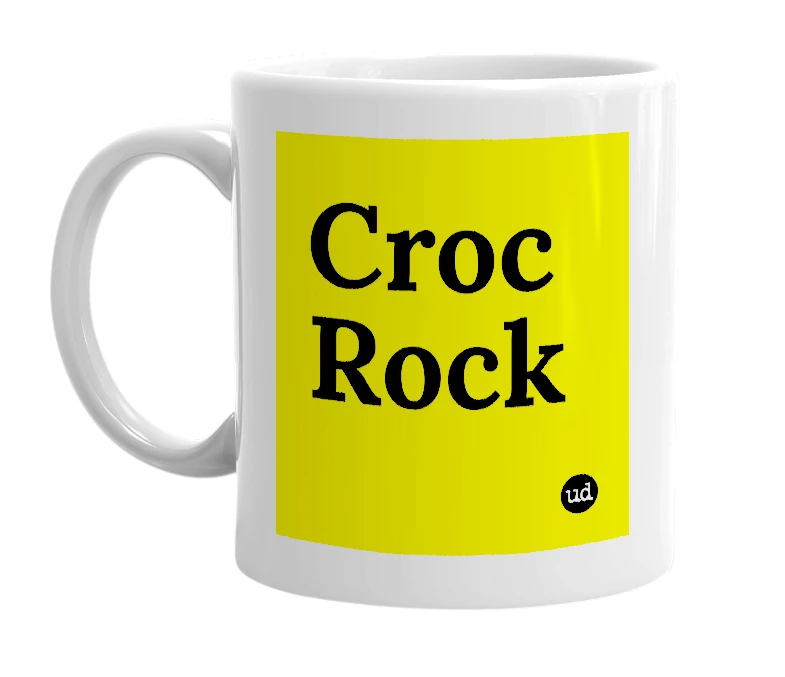 White mug with 'Croc Rock' in bold black letters