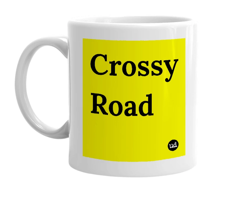 White mug with 'Crossy Road' in bold black letters