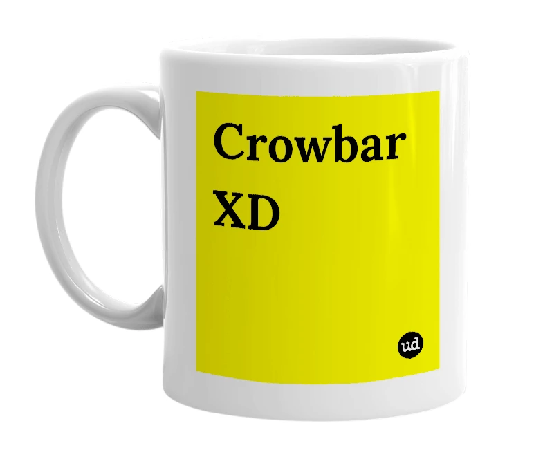 White mug with 'Crowbar XD' in bold black letters