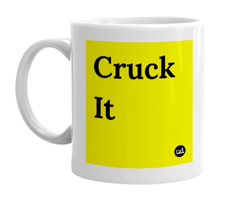 White mug with 'Cruck It' in bold black letters