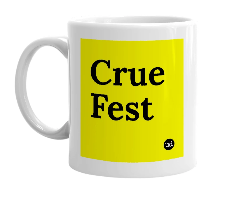 White mug with 'Crue Fest' in bold black letters