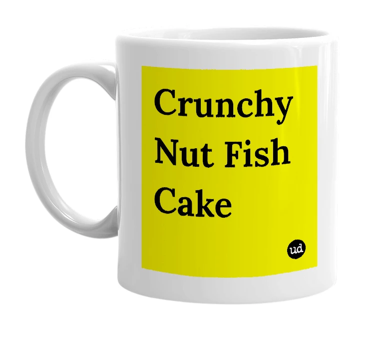 White mug with 'Crunchy Nut Fish Cake' in bold black letters