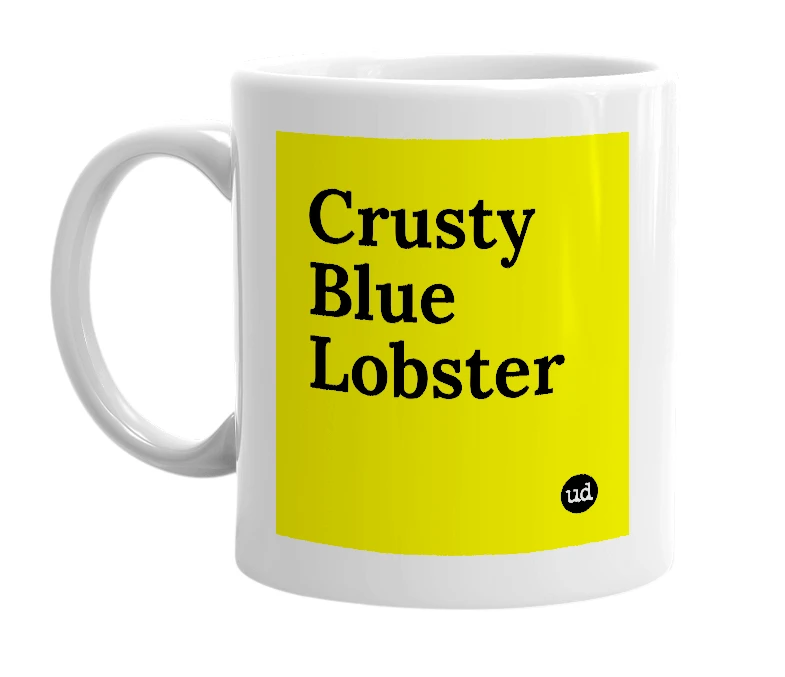 White mug with 'Crusty Blue Lobster' in bold black letters