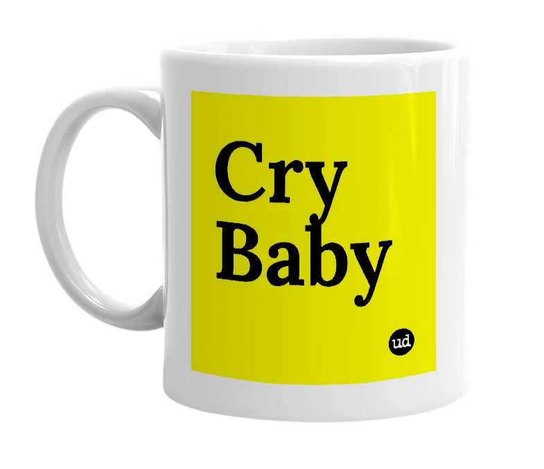 White mug with 'Cry Baby' in bold black letters