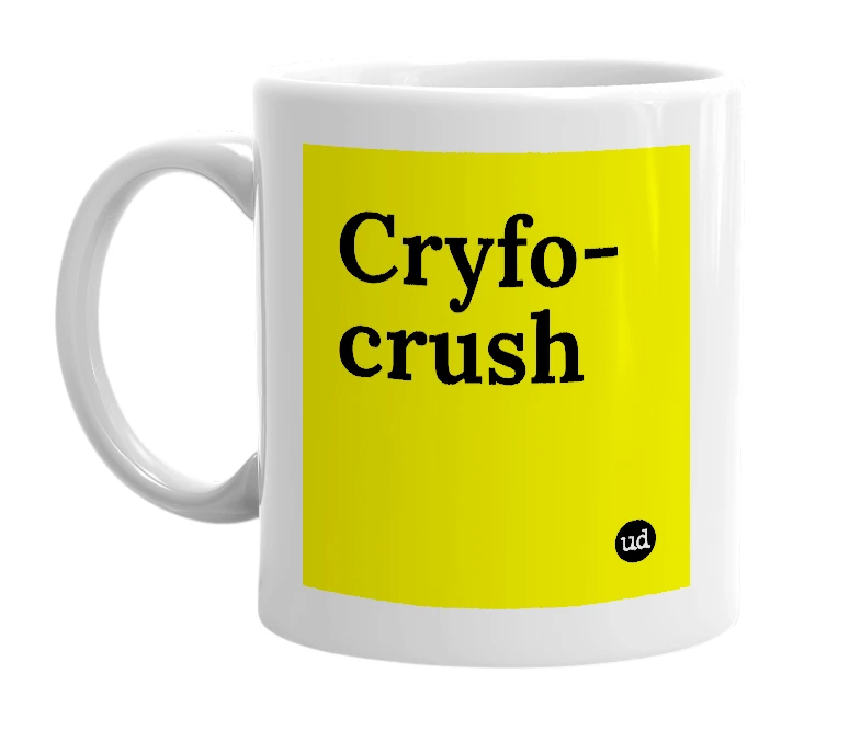 White mug with 'Cryfo-crush' in bold black letters