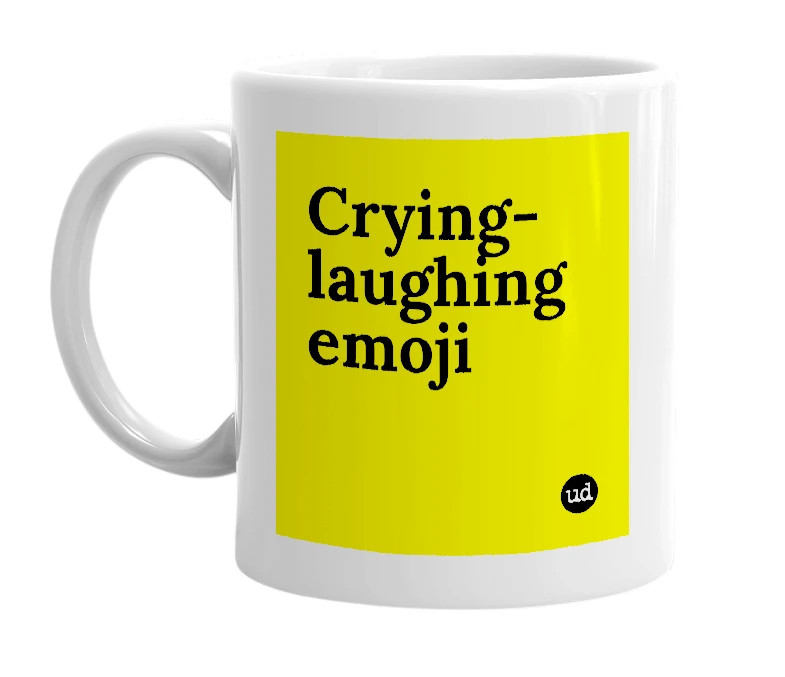 White mug with 'Crying-laughing emoji' in bold black letters