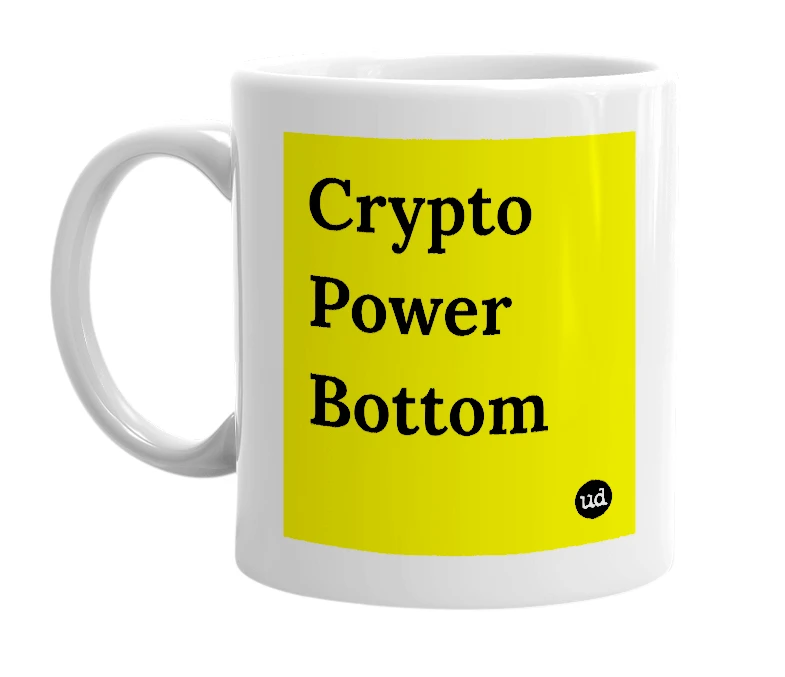 White mug with 'Crypto Power Bottom' in bold black letters
