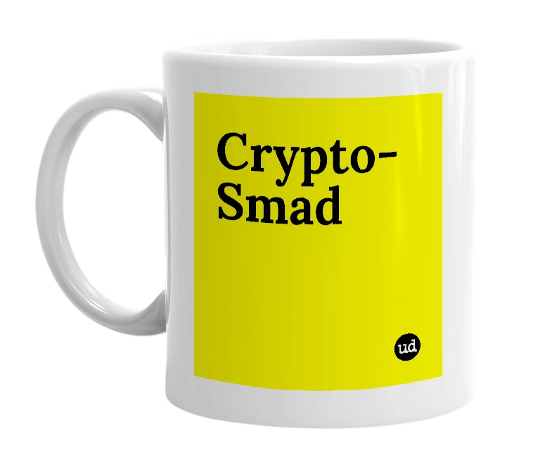 White mug with 'Crypto-Smad' in bold black letters