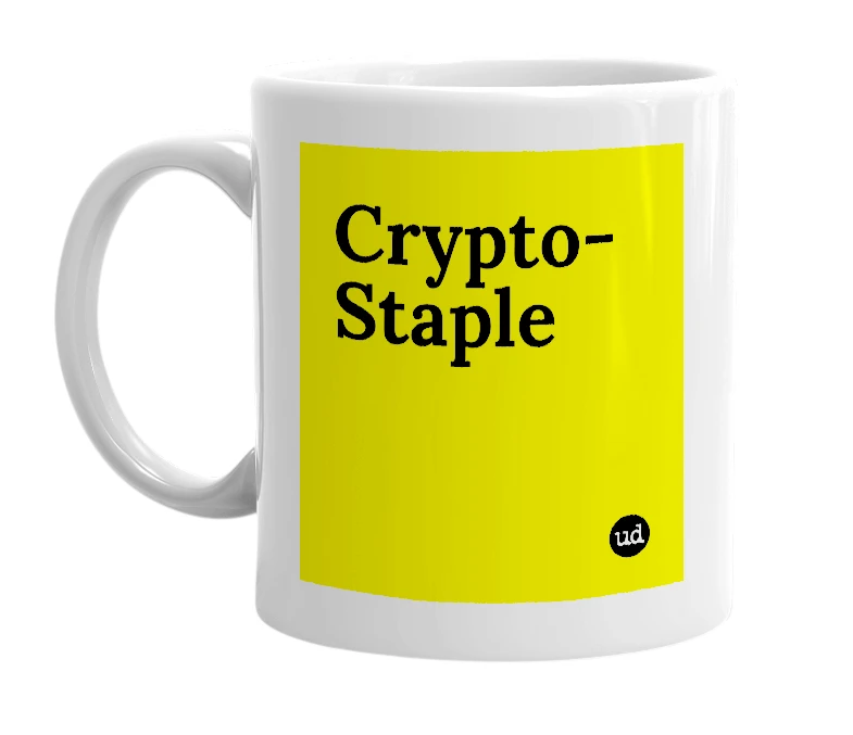 White mug with 'Crypto-Staple' in bold black letters