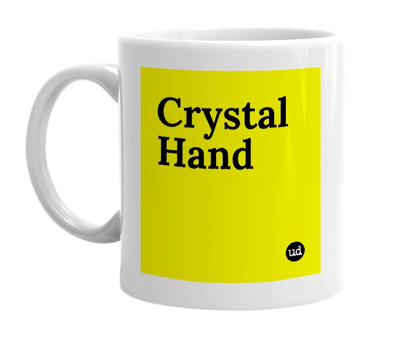 White mug with 'Crystal Hand' in bold black letters