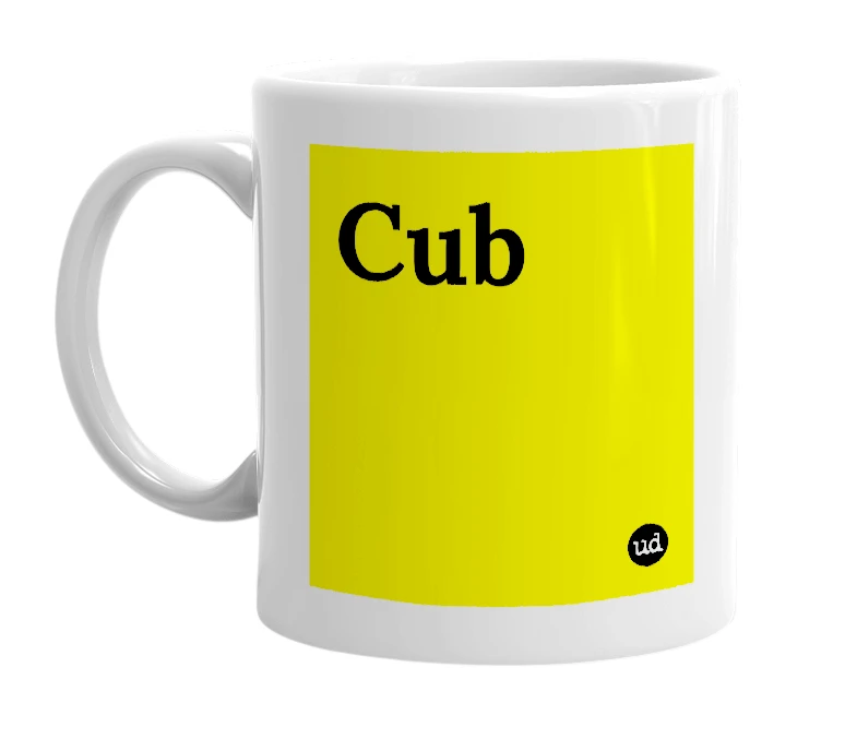 White mug with 'Cub' in bold black letters