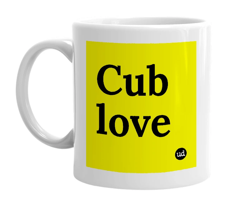 White mug with 'Cub love' in bold black letters
