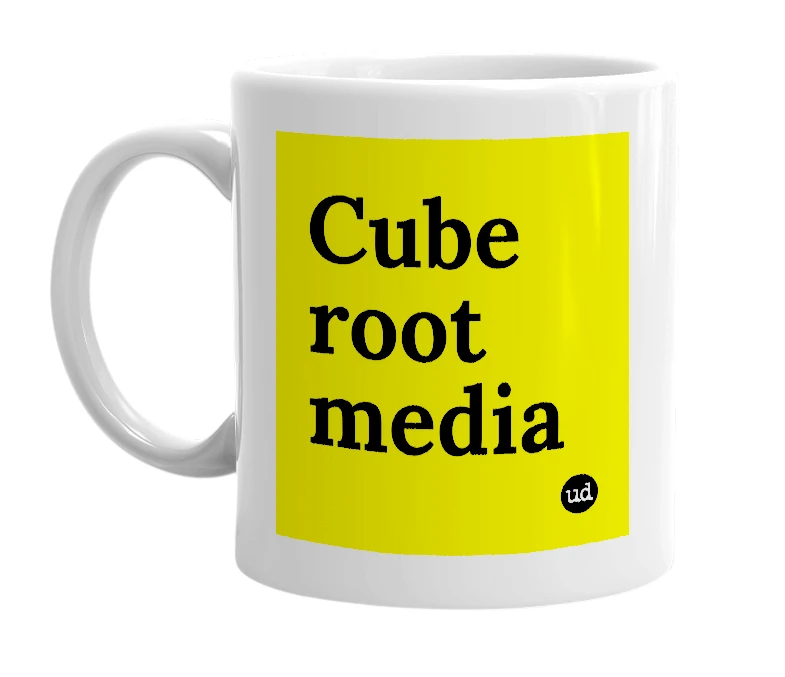 White mug with 'Cube root media' in bold black letters