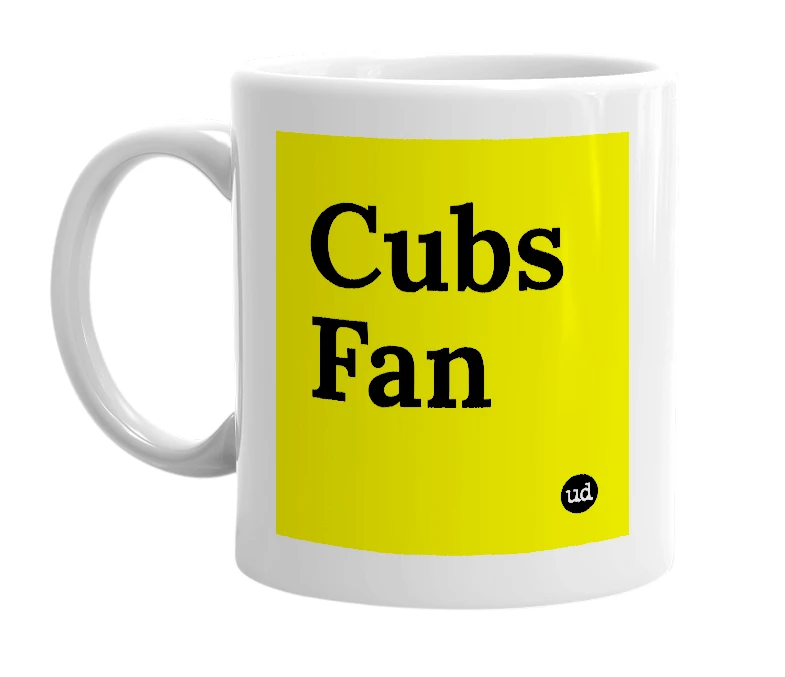 White mug with 'Cubs Fan' in bold black letters