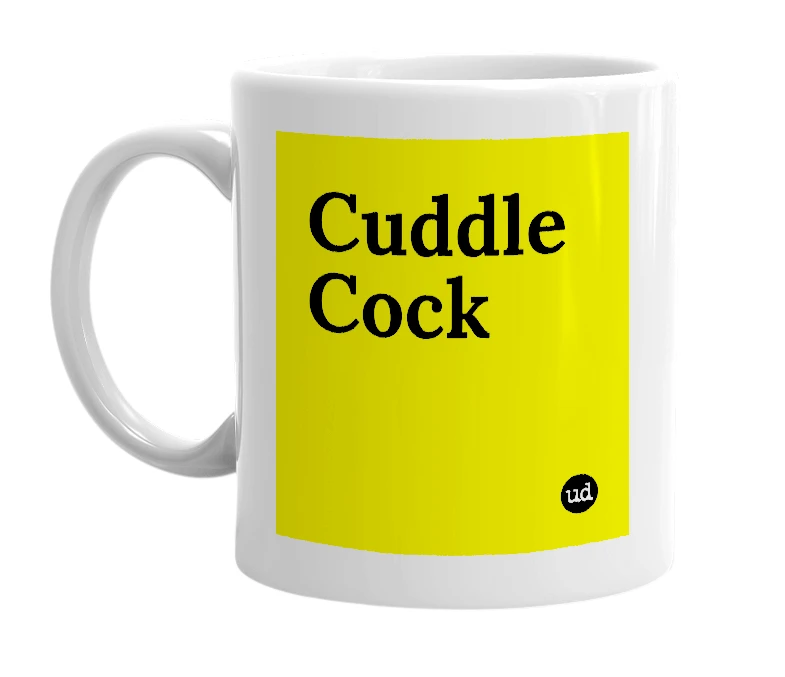 White mug with 'Cuddle Cock' in bold black letters