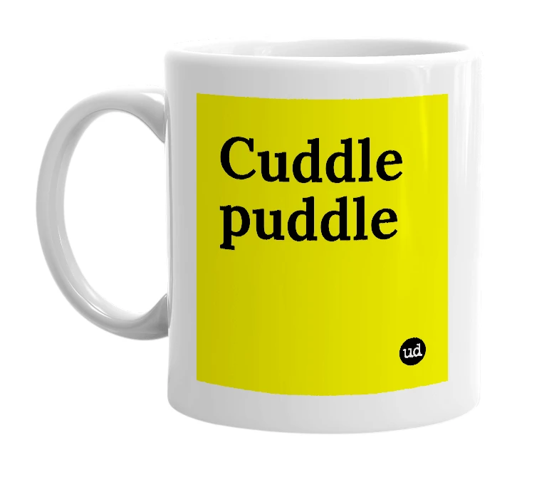 White mug with 'Cuddle puddle' in bold black letters