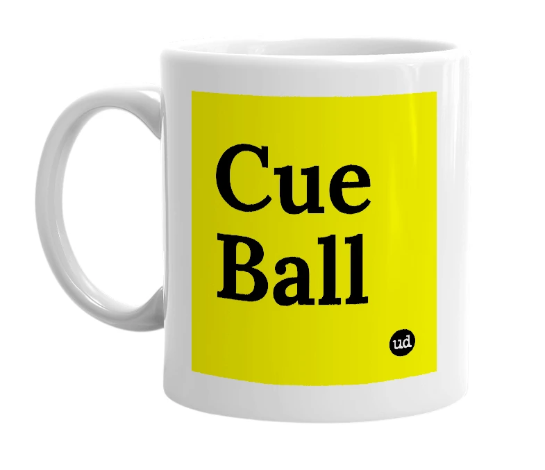 White mug with 'Cue Ball' in bold black letters